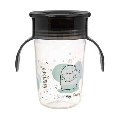 Akuku Tanulópohár szilikon itatócsőrrel, 360°-os, pandamaci, fekete füllel