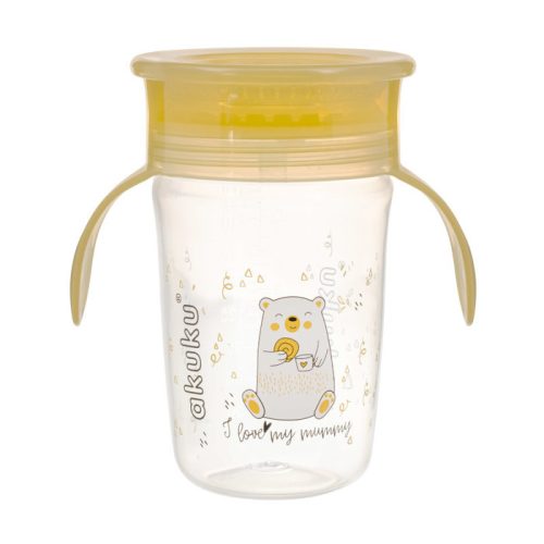 Akuku Tanulópohár szilikon itatócsőrrel, 360°-os, jegesmaci, sárga füllel